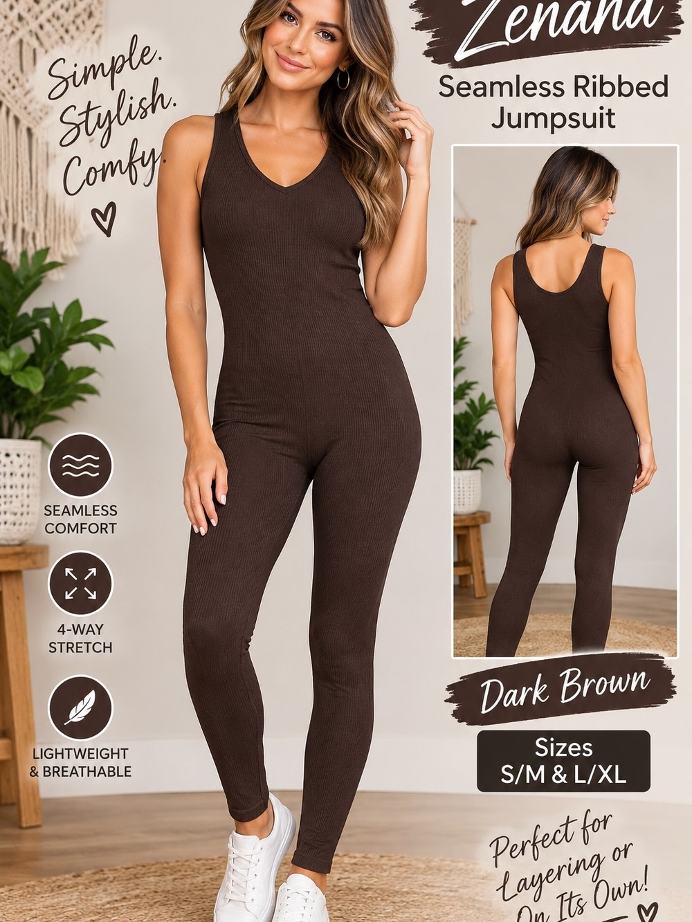 Zenana Outfitters Dark Brown Seamless Ribbed Jumpsuit